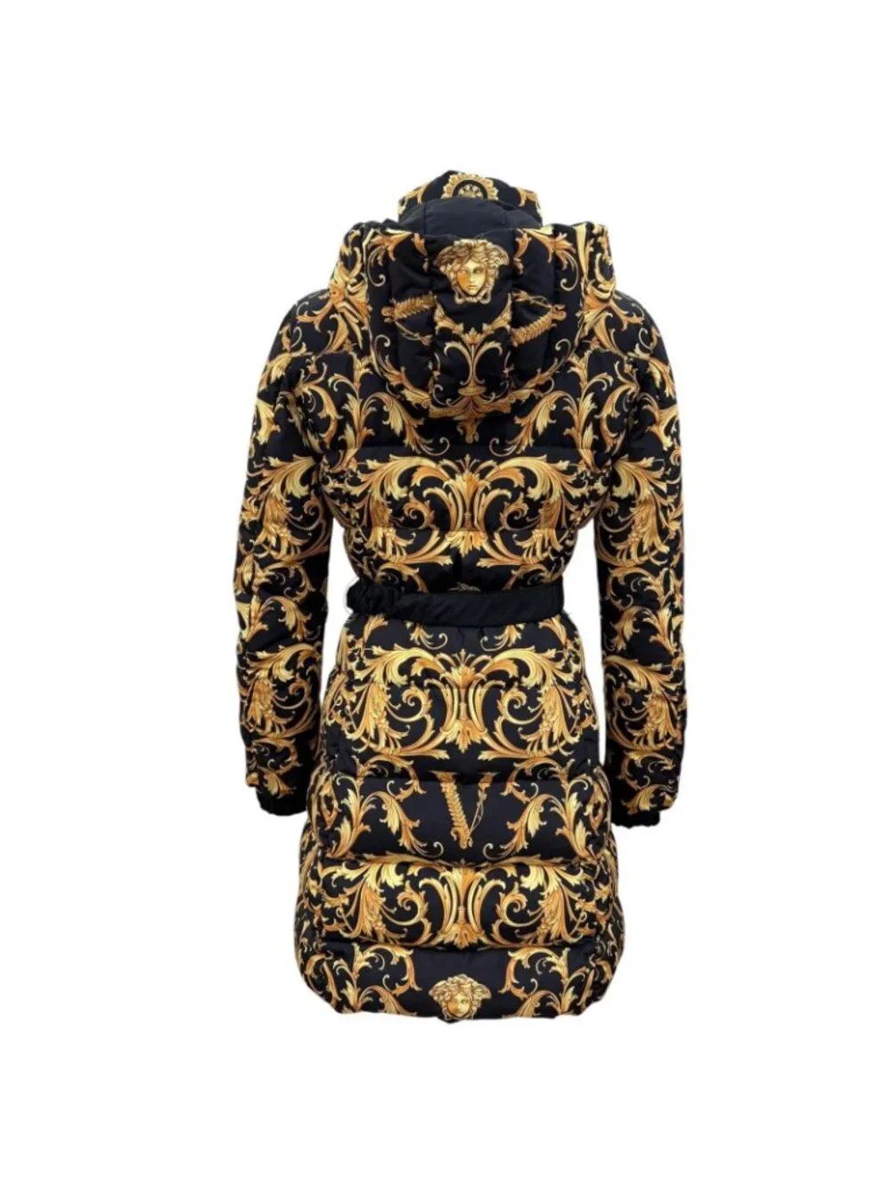 Versace Medusa Belt Baroque Long Length Down Coat Black Gold 36